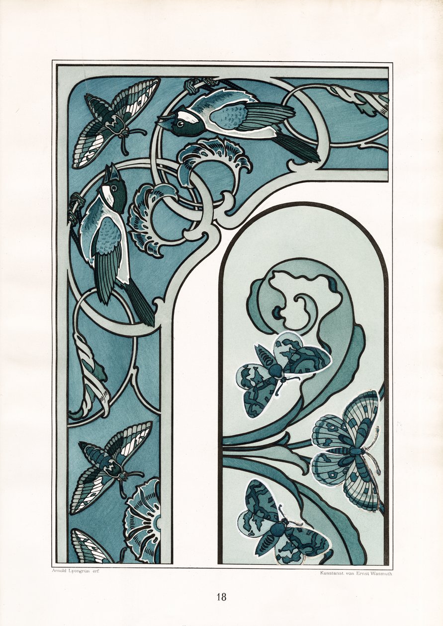 Rammeornament i jugendstil med fugler og møll (lito) av Arnold Lyongrün