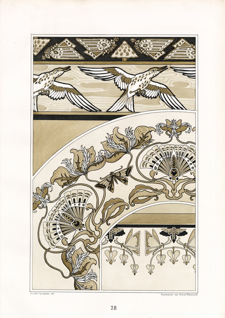 Dekorative art nouveau-ornamenter med fugler og viftemotiver (lito) av Arnold Lyongrün