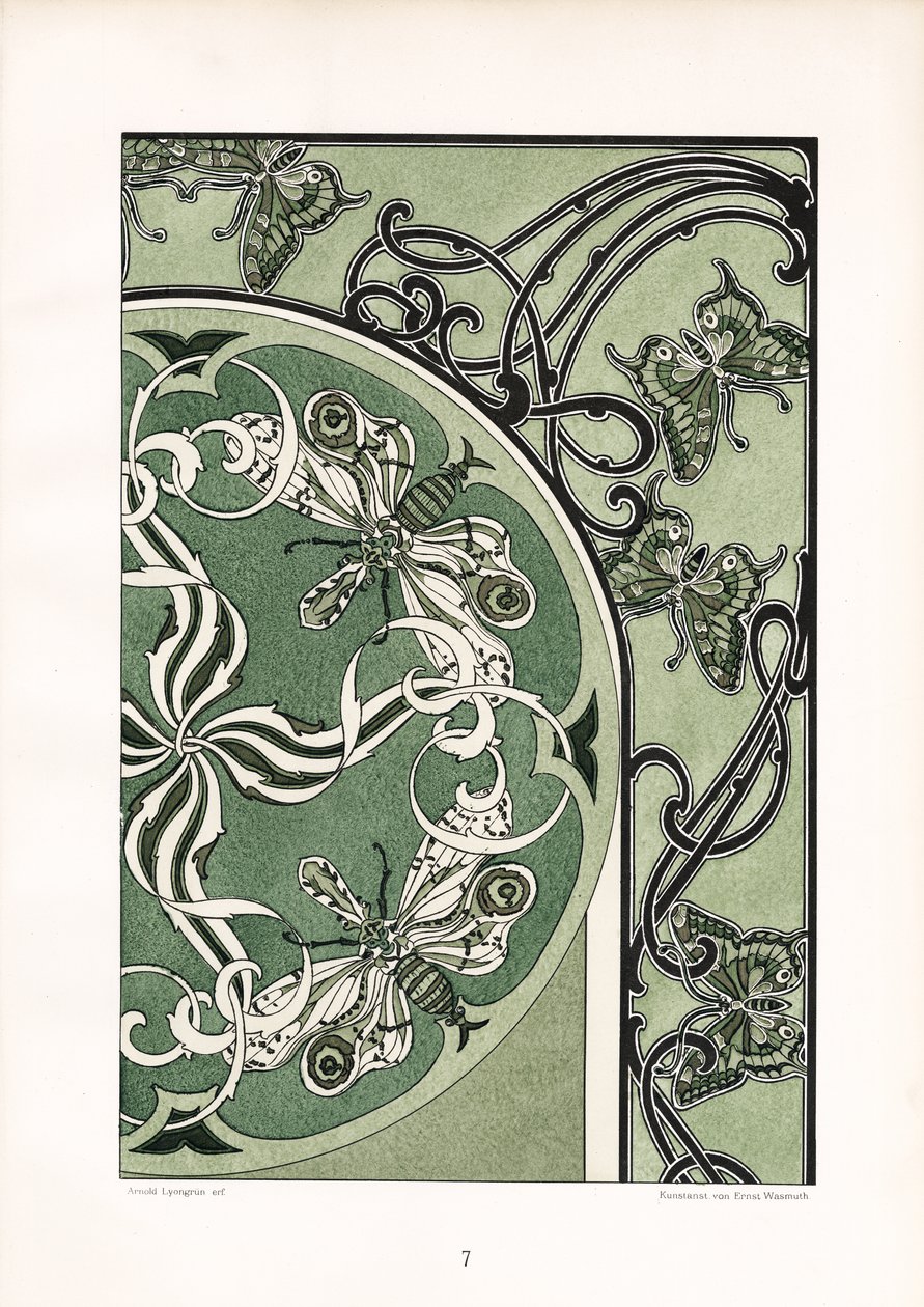 Insektmotiver i grønn ornamental komposisjon (lito) av Arnold Lyongrün