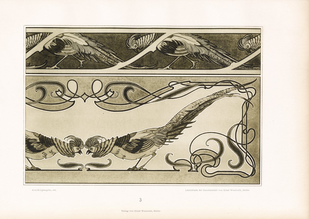 Ornamentale grenser med stiliserte fasaner og lineære ornamenter (lito) av Arnold Lyongrün