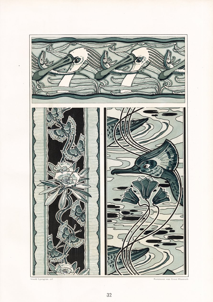 Ornamentale komposisjoner med svaner og sommerfuglmotiver (lito) av Arnold Lyongrün