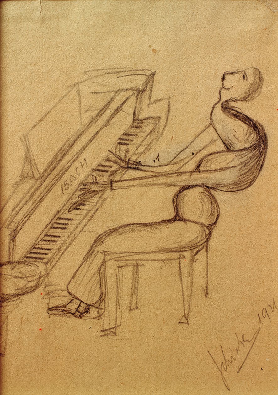 karikatur (pianospiller) av Arnold Schönberg