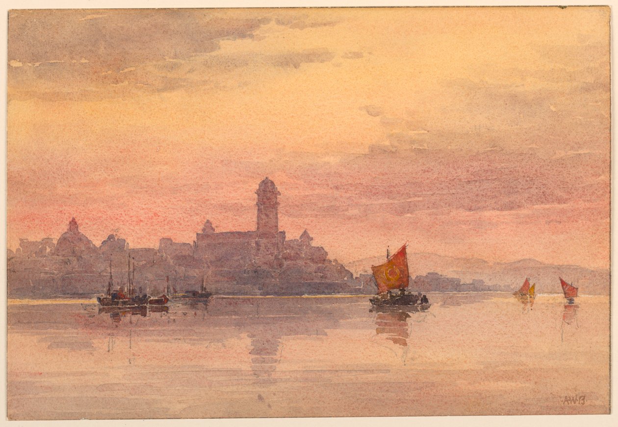 Solnedgang over seilbåter av Arnold William Brunner