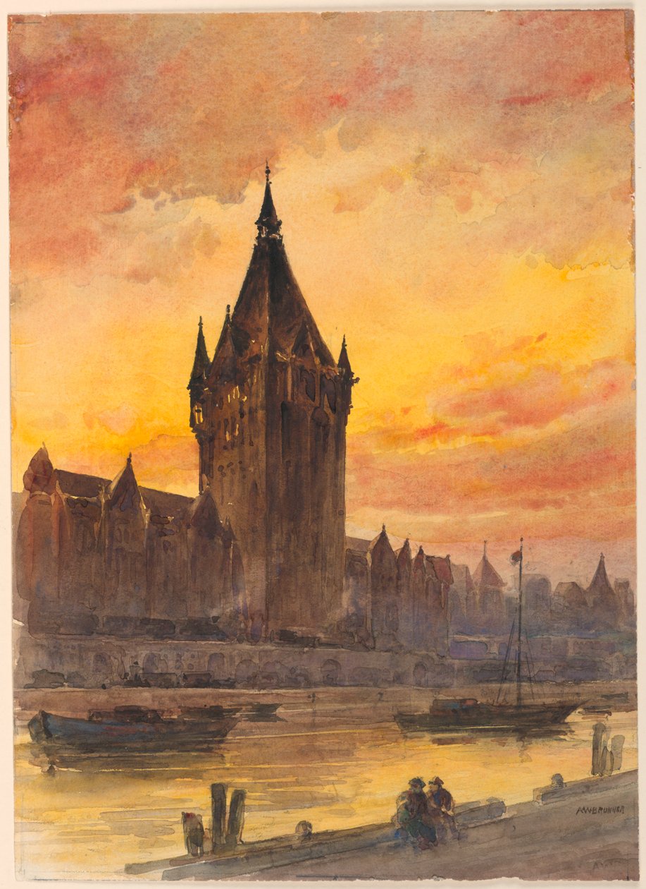 Solnedgang over tårnet og elven av Arnold William Brunner
