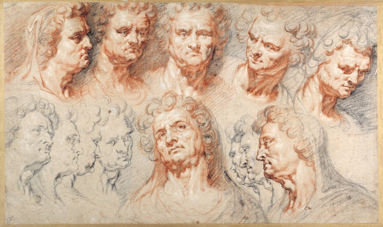 Tretten studier basert på et romersk keiserhode (svart og rødt kritt med brunt blekk på hvitt papir) av Arnold or Artus the Elder Quellin I
