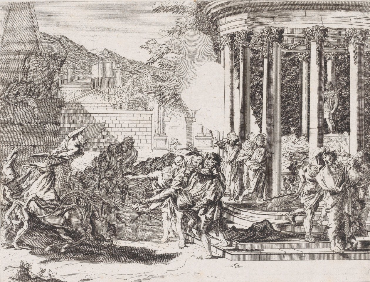 Sinorix being carried from the temple after being poisoned, 1650-1700.    1202609   no       norwegian Successfully Translated  Original: A City Thoroughfare, 1872. Translat: 