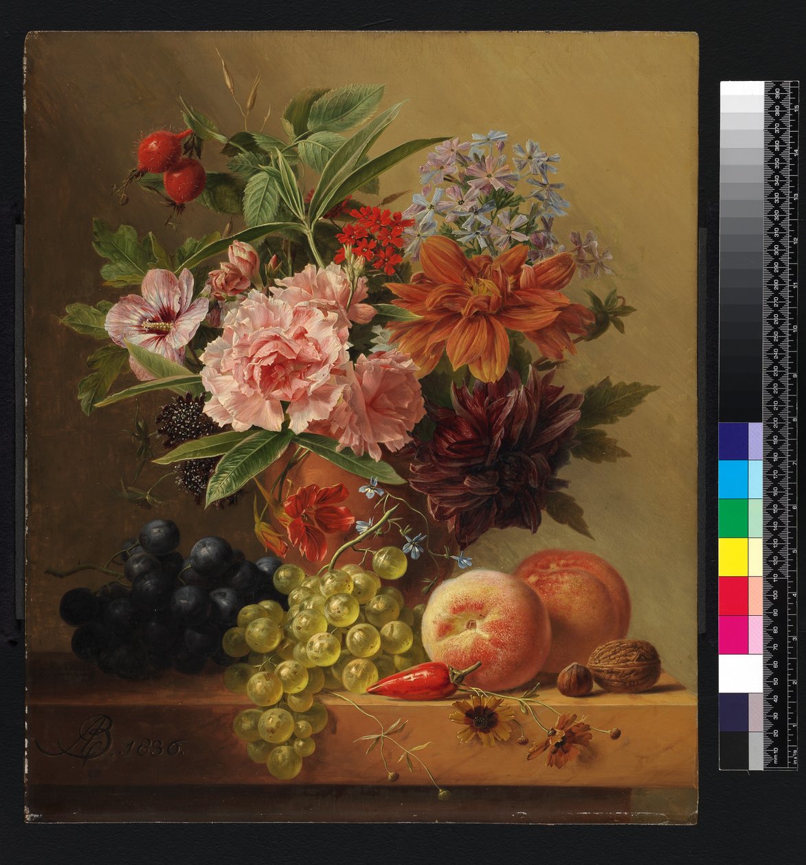 Potte med blomster og frukt, før 1844 av Arnoldus Bloemers