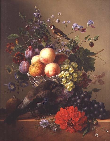 Stilleben med frukt og blomster av Arnoldus Bloemers