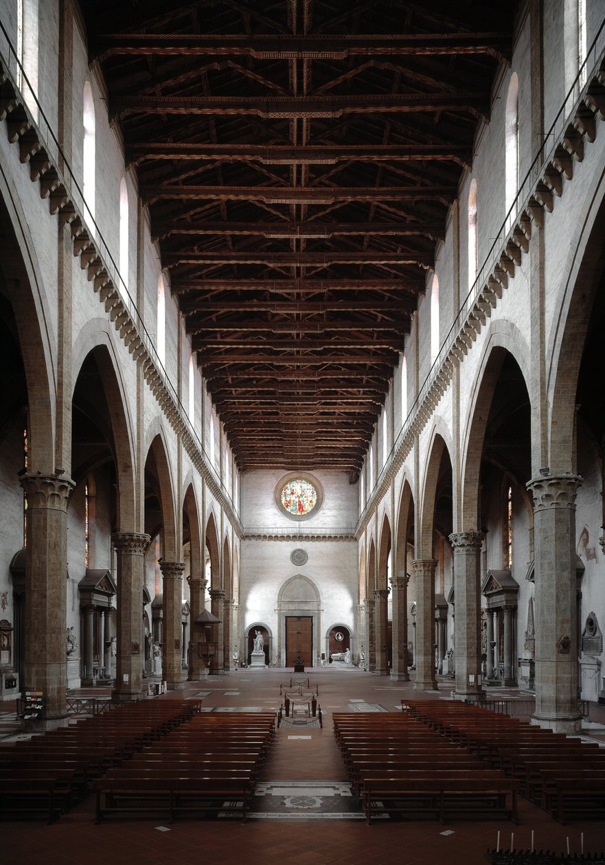 Renessanse: innvendig visning av basilikaen Santa Croce projisert av Arnolfo di Cambio (1245-1302 / 1310) (innvendig utsikt over basilikaen santa croce) 1294 Basilica Santa Croce, Firenze, Italia av Arnolfo di Cambio