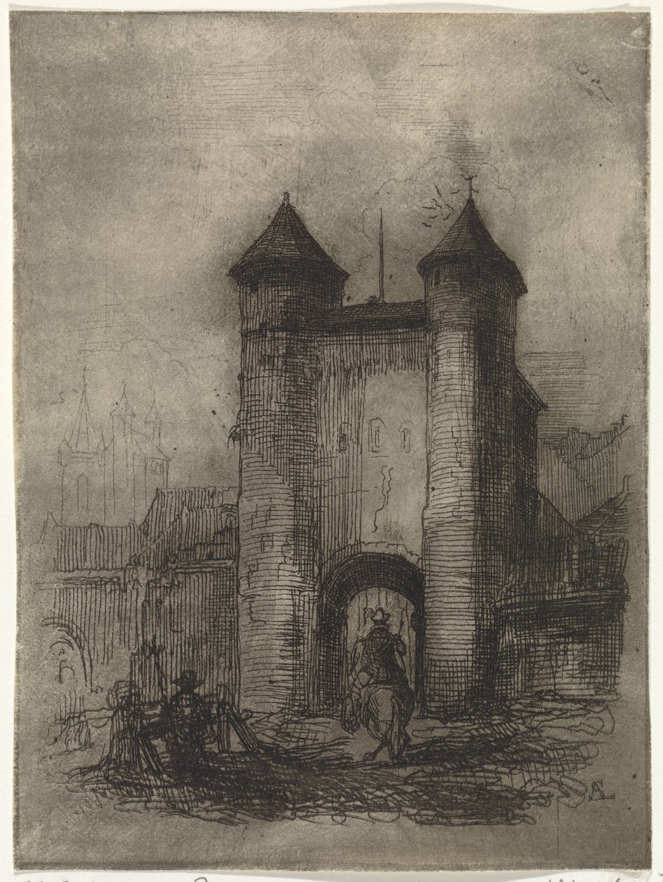 Utsikt over Helpoort i Maastricht, sett fra marksiden Porte du Jaer (tittel på objekt) av Arnoud Schaepkens