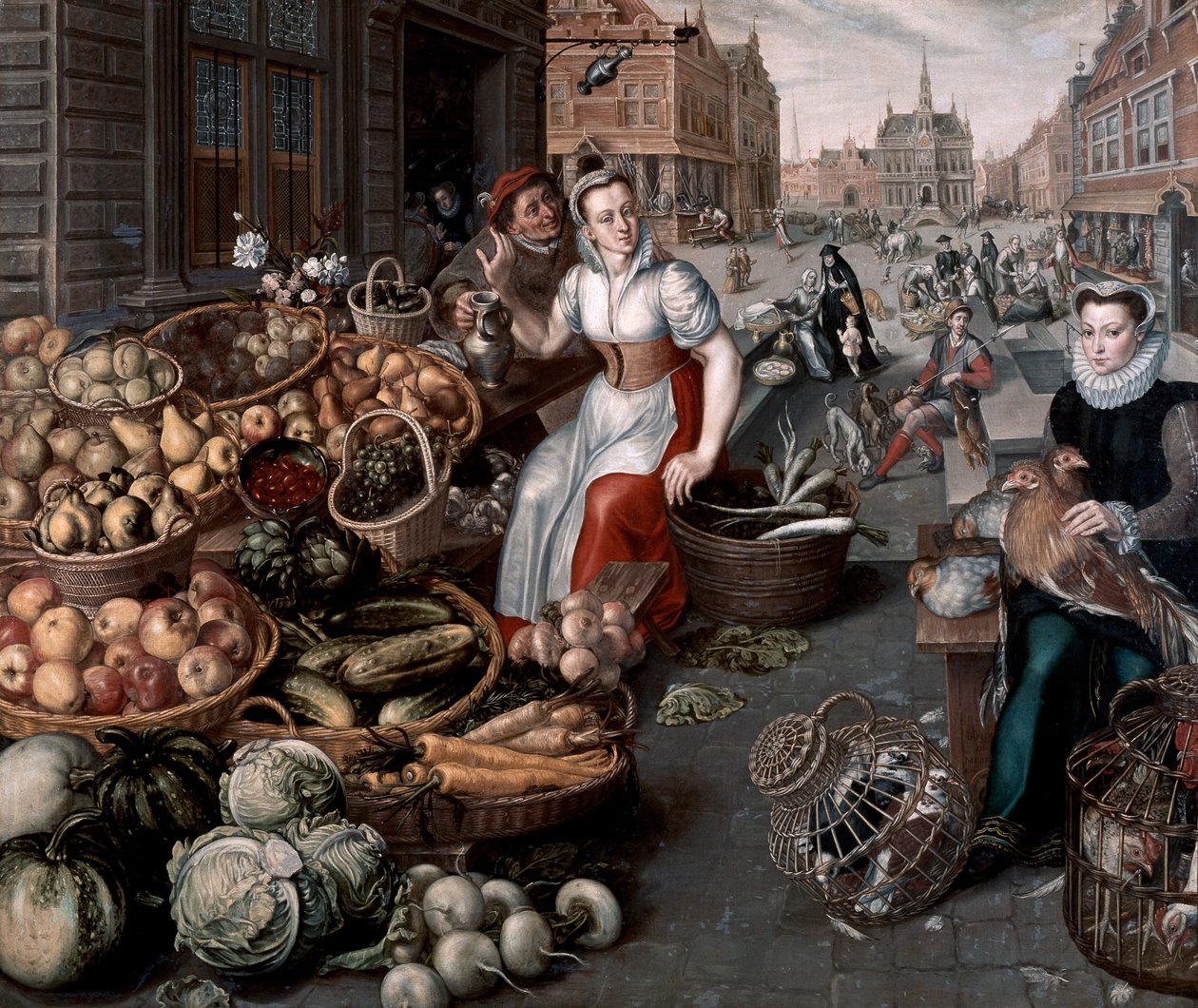 Kvinne som selger frukt og grønnsaker, ca. 1590 av Arnout de Muyser