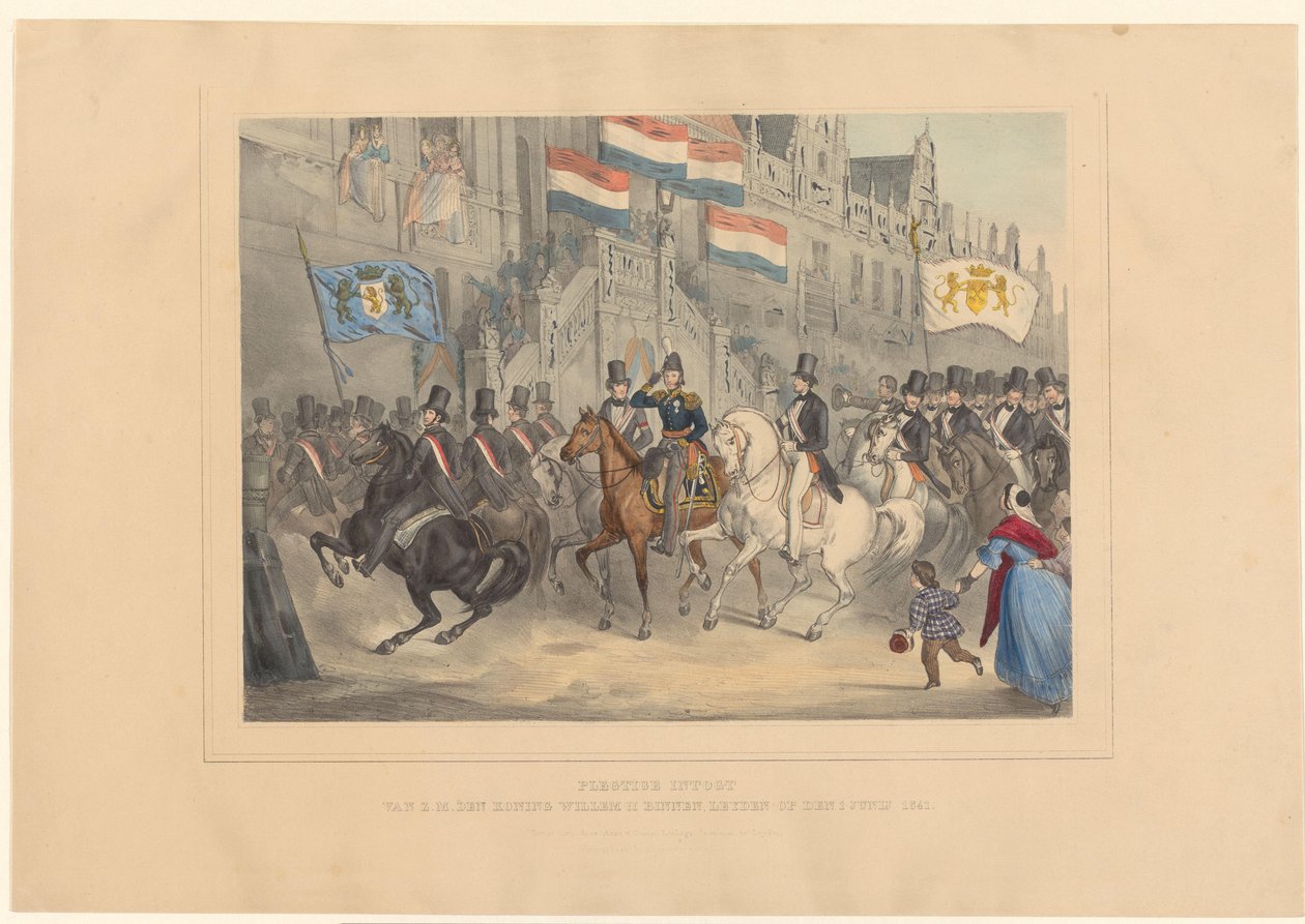 Innreise av kong William II til Leiden, 1841 Høytidelig intogt av H.M. den Koning Willem II i Leyden 1. juni 1841 (tittel på objekt) av Arnz and Co.