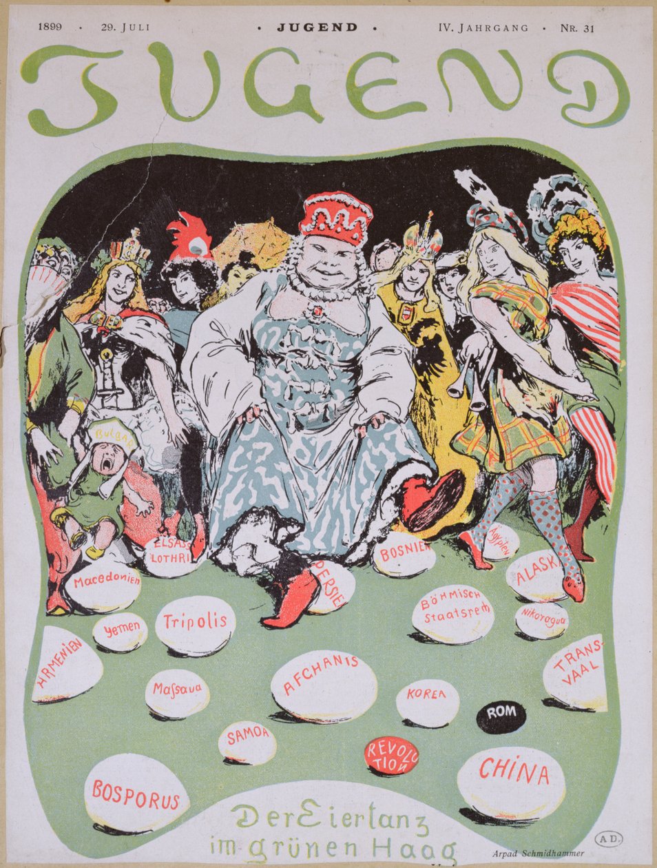 Egg Dance, tegneserie på den første fredskonferansen i Haag, fra det tyske magasinet Jugend, 29. juli 1899 av Arpad Schmidhammer