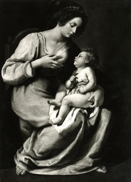 Madonna of the Cherries (olje på lerret) (s/hvitt bilde) av Artemisia Gentileschi