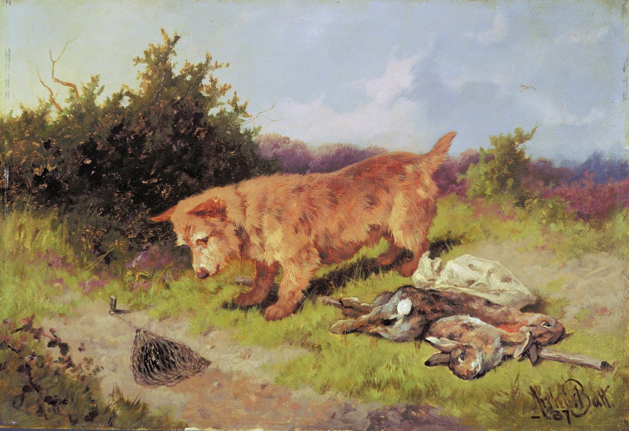 Terrier ser på en kaninfelle, 1887 (olje på kvernbrett) av Arthur Batt
