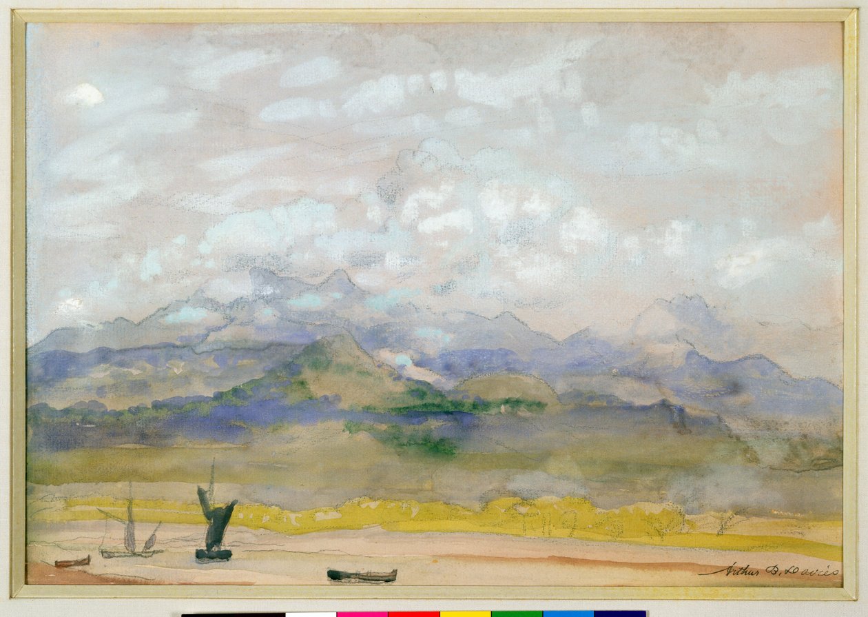 Et romantisk landskap (wc, gouache og blyant på papir) av Arthur Bowen Davies