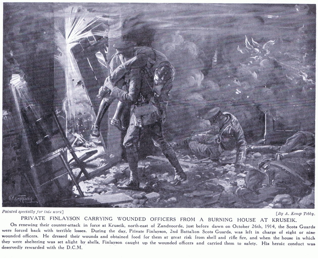 Menig Finlayson vant en DCM for å ha fraktet sårede offiserer fra et brennende hus ved Kruseik i oktober 1914 (svart-hvitt foto) av Arthur Kemp Tebby