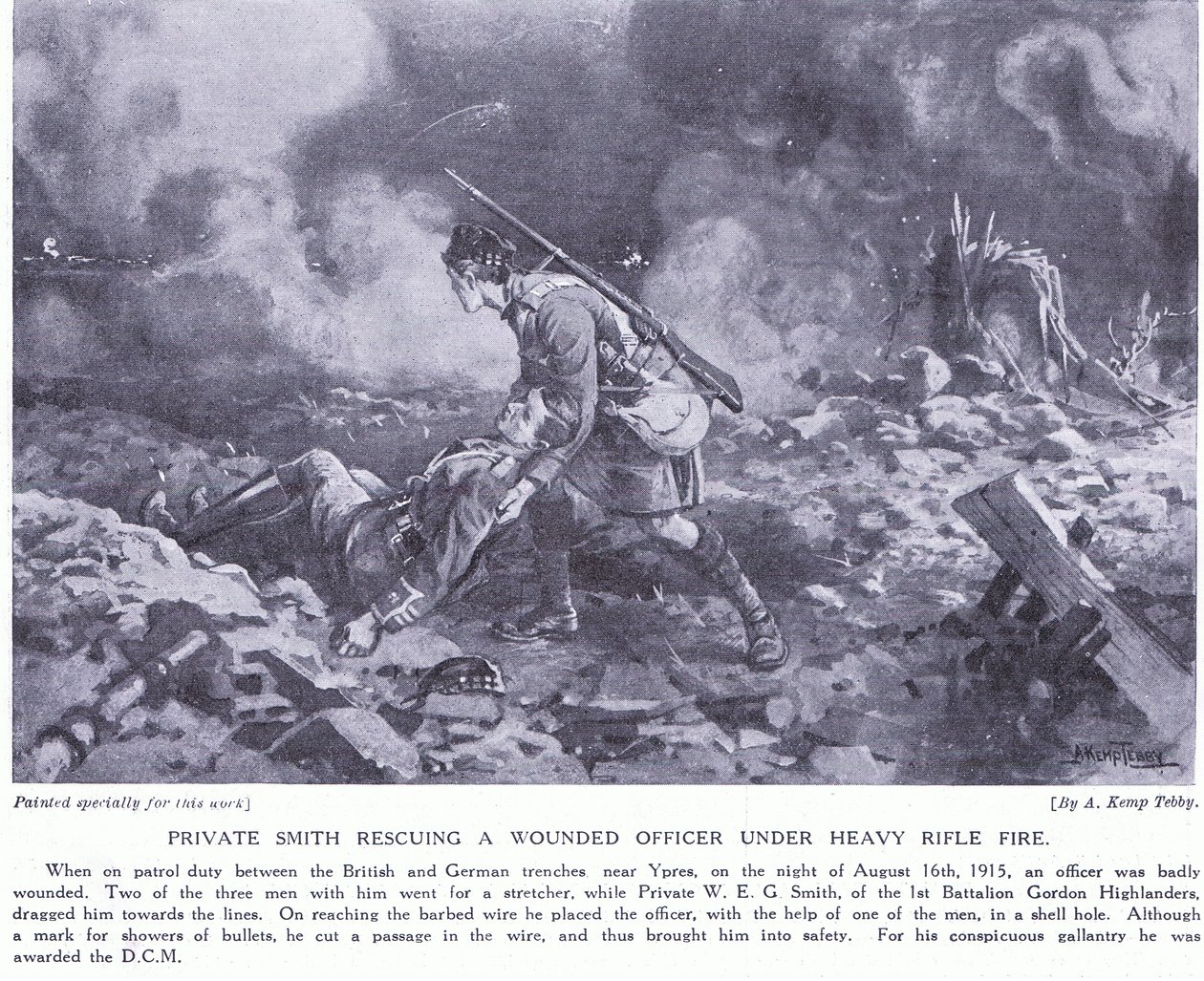 Menig Smith som reddet en såret offiser under kraftig ild tildelt DCM Ypres august 1915 av Arthur Kemp Tebby