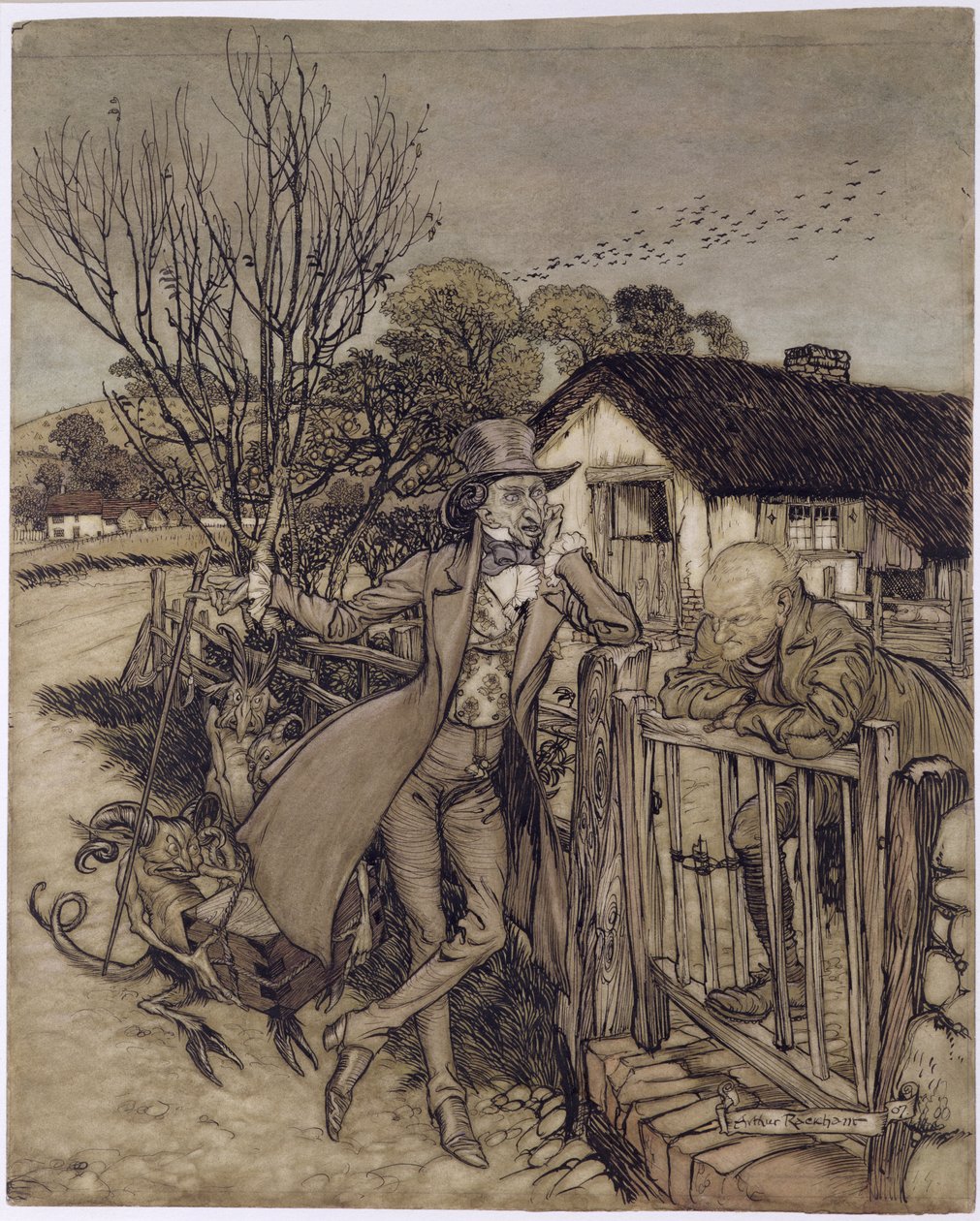 A Bargain With the Devil, 1907 (wc, penn og blekk på papir) av Arthur Rackham