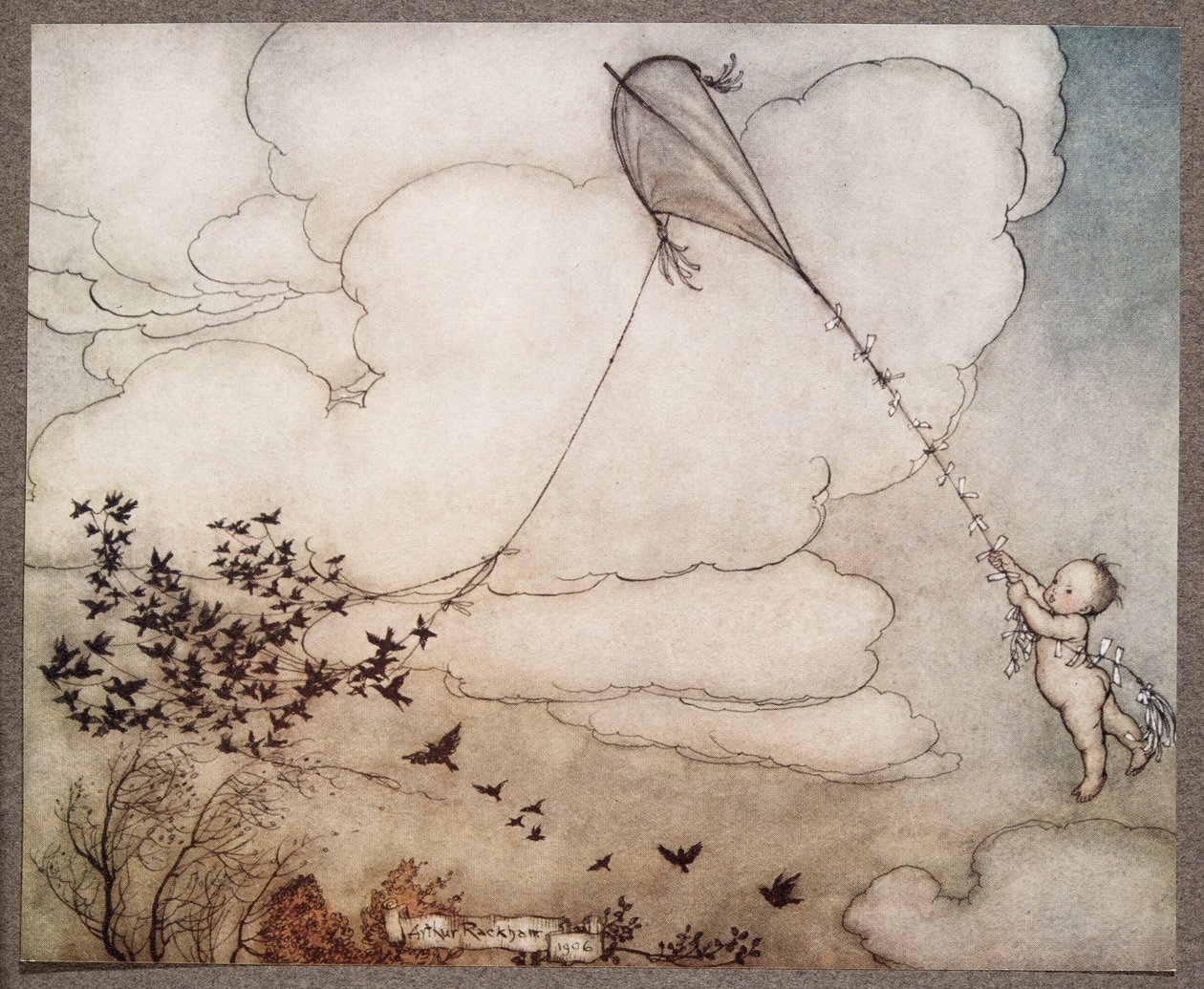 Hundre fløy av gårde med snoren, og Peter klynget seg til halen, fra Peter Pan i Kensington Gardens av J M Barrie (1860 - 1937), pub. 1906 av Arthur Rackham