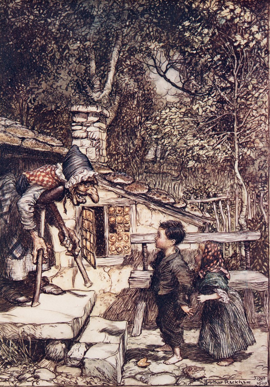 Med en gang åpnet døren seg og en gammel, gammel kvinne, støttende seg på en krykke, kom hinkende ut ?, fra The Fairy Tales of the Brothers Grimm, pub. 1909 av Arthur Rackham