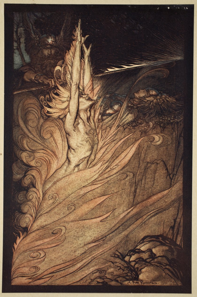 'Vis, flimrende ild, omkranser klippen med din flamme! Loge! Loge! Vis!', illustrasjon fra 'Rhinegold and the Valkyrie', 1910 av Arthur Rackham