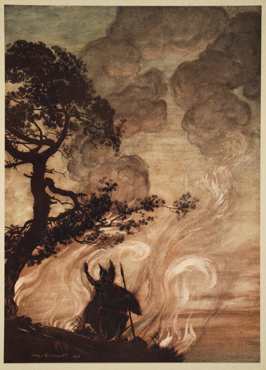 Mens han beveger seg sakte bort, snur Wotan seg og ser bedrøvet tilbake på Brunnhilde, illustrasjon fra 