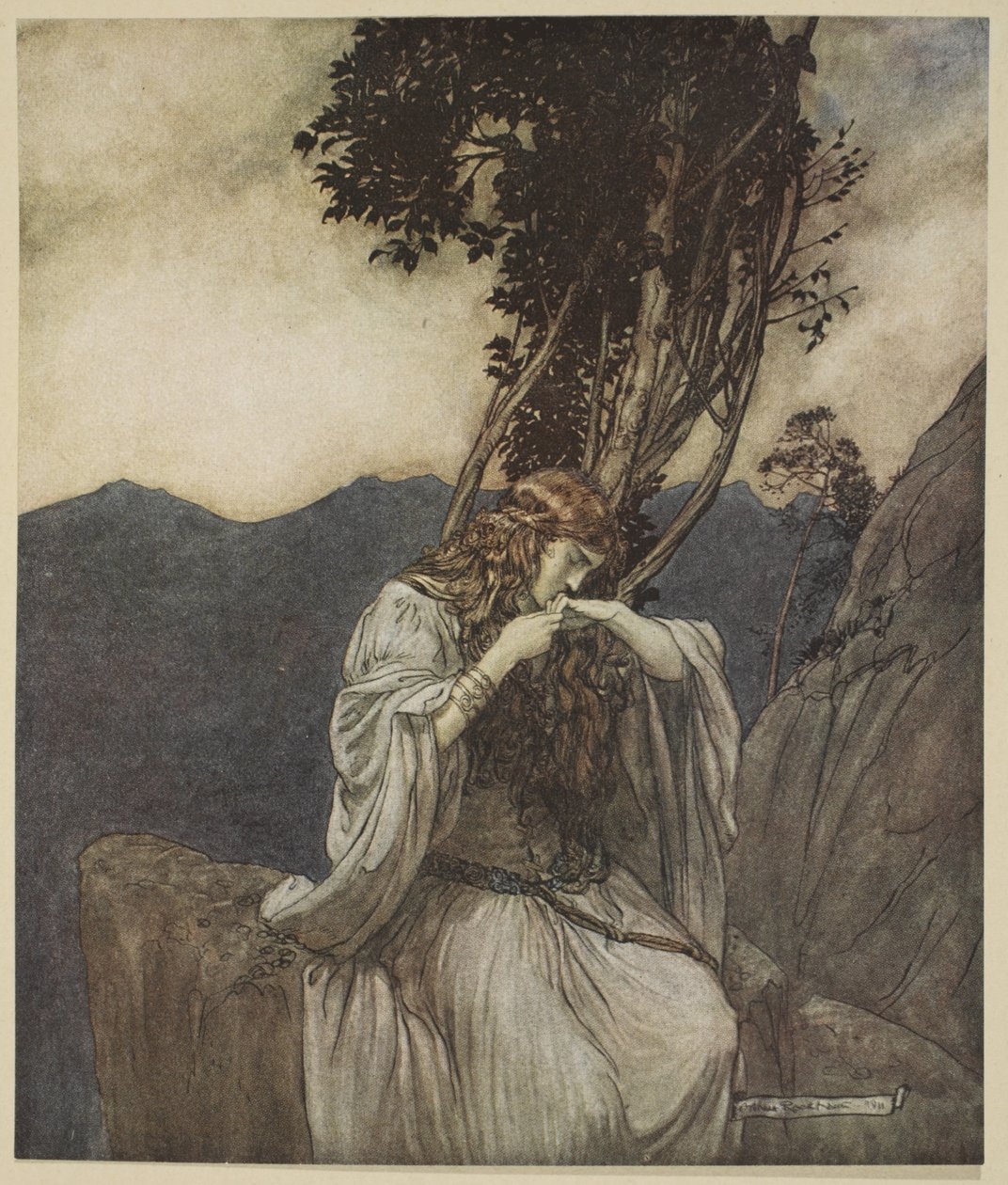Brunnhilde kysser ringen som Siegfried har etterlatt seg, illustrasjon fra 