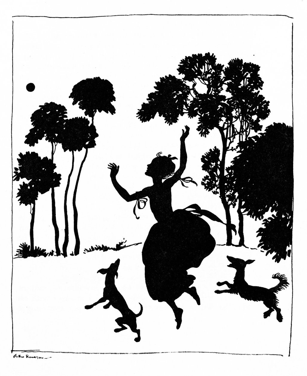 Askepott leker med hundene sine, 1919 av Arthur Rackham