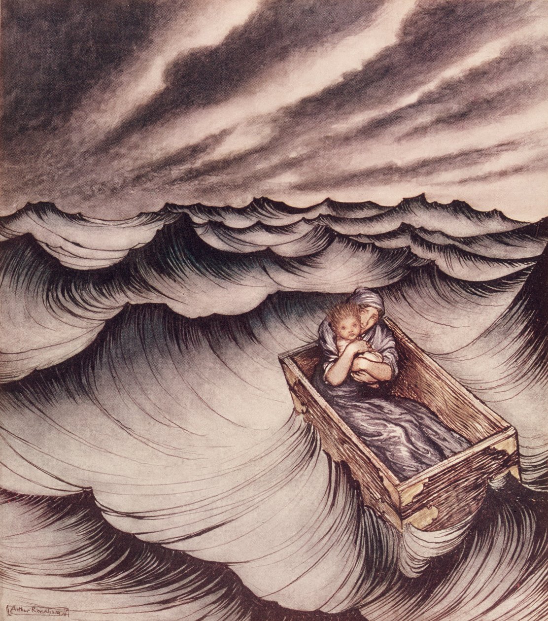 Danae og hennes sønn Perseus satte i en kiste og kastet i havet, 1914 av Arthur Rackham