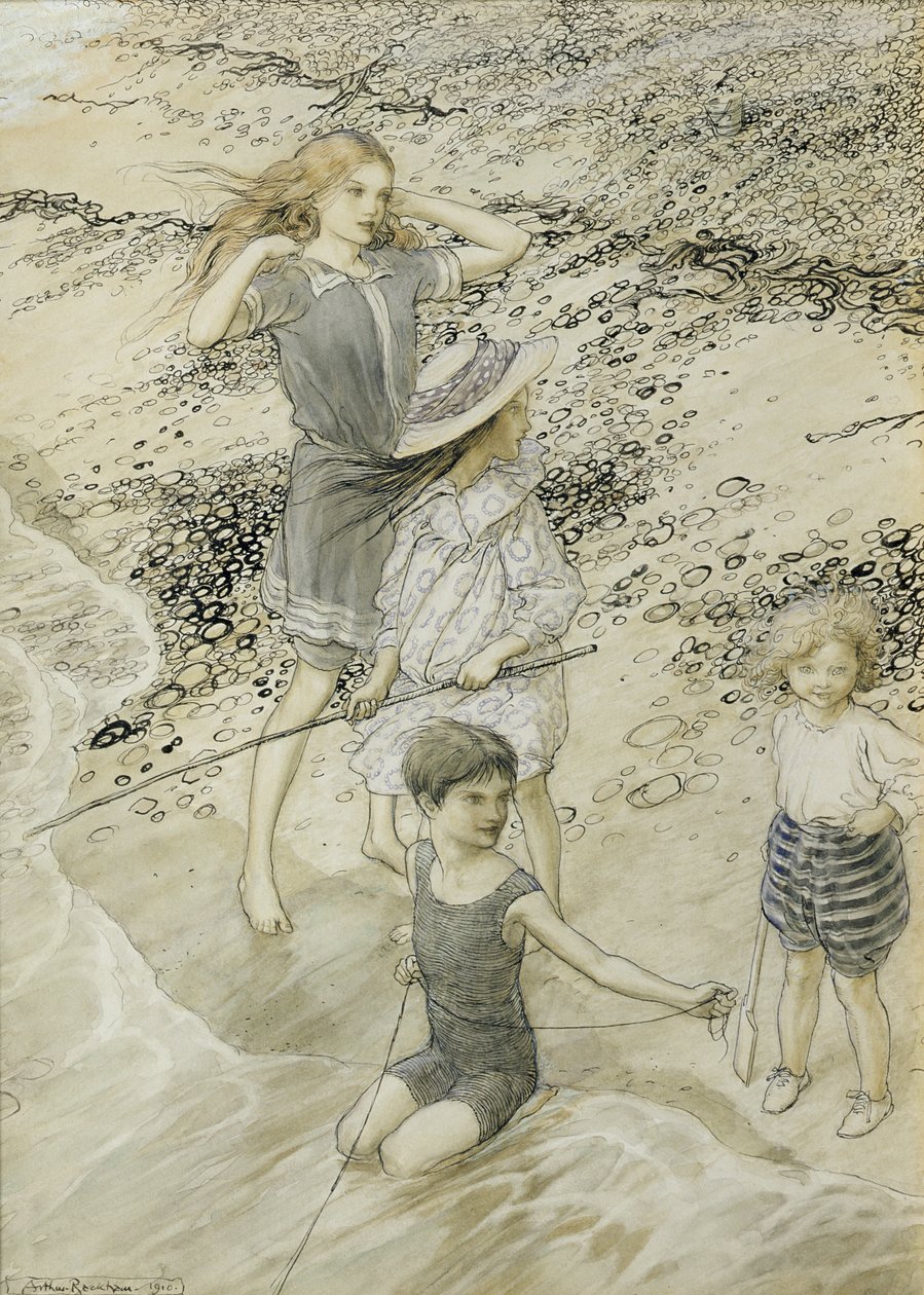 Fire barn ved kysten, 1910 av Arthur Rackham