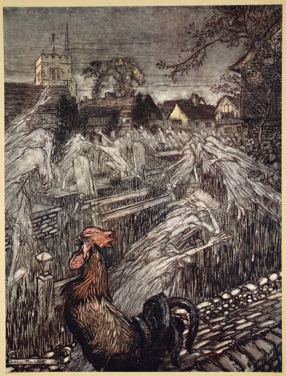 ..Spøkelser, vandrer her og der, tropp hjem til kirkegårder, illustrasjon fra 'Midsummer Nights Dream' av William Shakespeare, 1908 av Arthur Rackham
