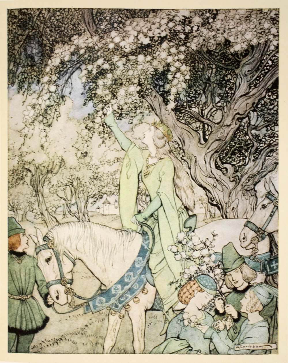 Hvordan dronning Guenever syklet inn i skog og mark ved siden av Westminster, illustrasjon fra "The romance of King Arthur and his knights of the Round Table" av Alfred W. Pollard, 1910 (farge lith) av Arthur Rackham