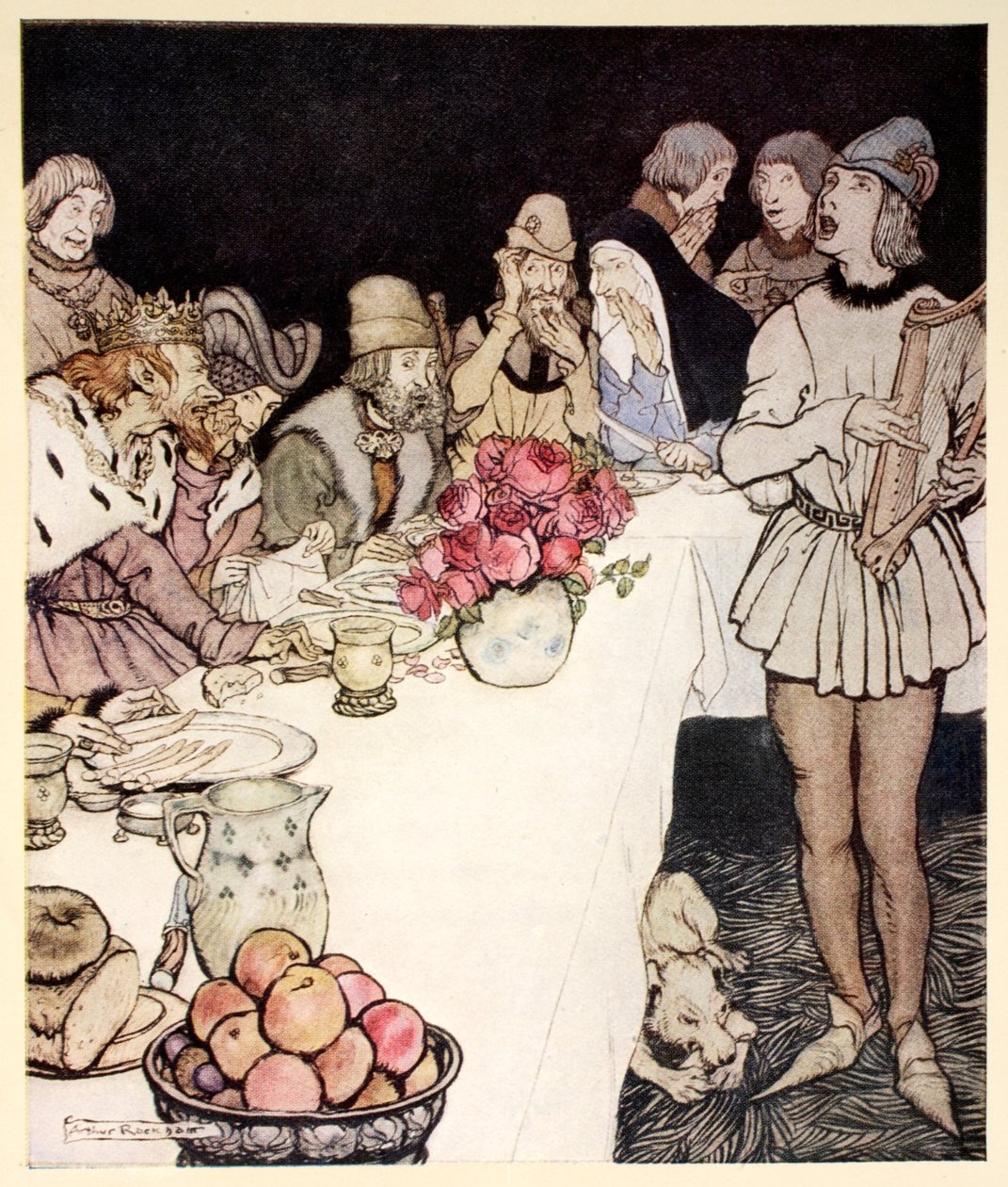 Hvordan på en stor fest som kong Mark laget kom harper Eliot og sang leken som Dinalan hadde laget, illustrasjon fra "The romantique of King Arthur and his knights of the Round Table" av Alfred W. Pol av Arthur Rackham