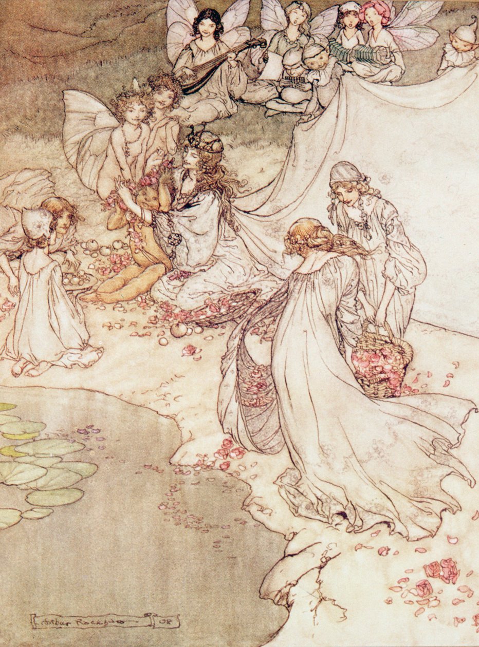 Illustrasjon for et eventyr, eventyrdronning som dekker et barn med blomst av Arthur Rackham