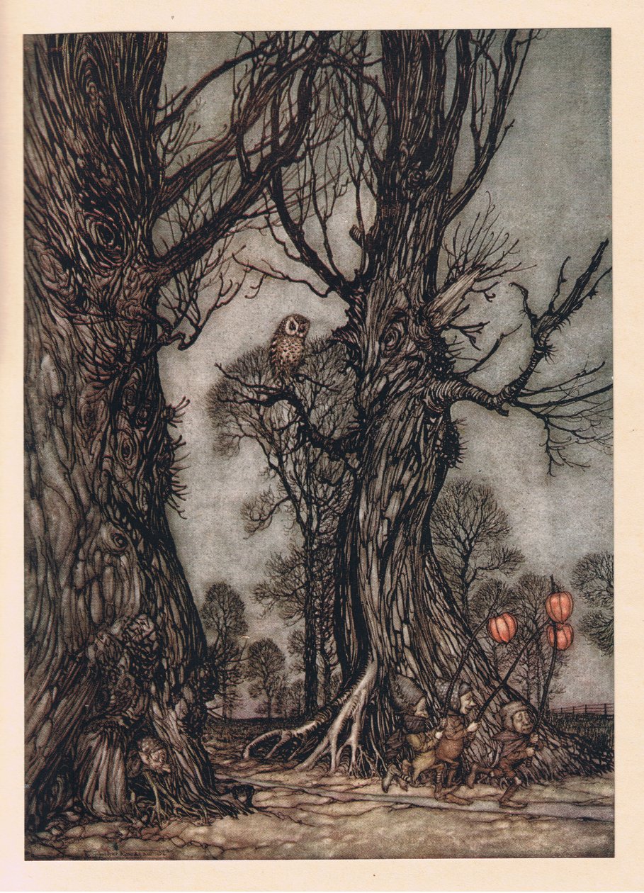 Linkmenn foran bærer vinterkirsebær av Arthur Rackham