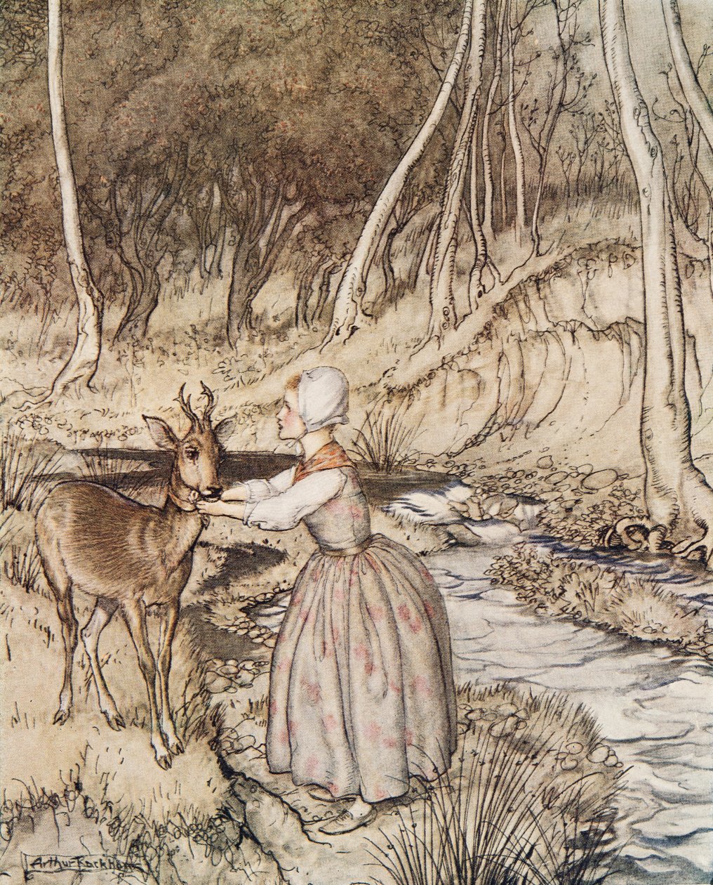 Lillebror og lillesøster, fra Lillebror og lillesøster og andre fortellinger av brødrene Grimm, pub.1917 av Arthur Rackham