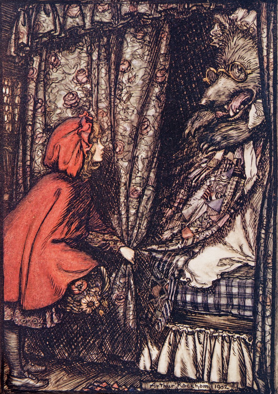 Å, bestemor, så store ører du har, sa hun fra The Fairy Tales of the Brothers Grimm, pub. 1909 av Arthur Rackham