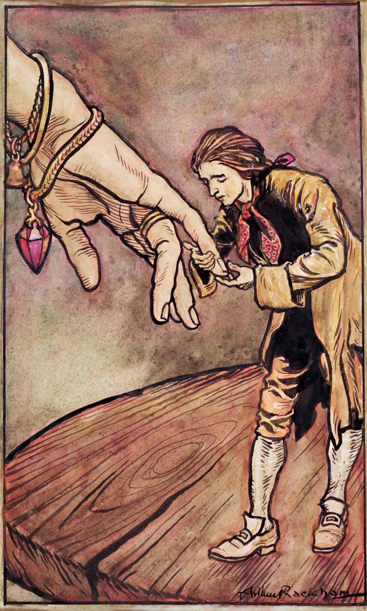 Original akvarellillustrasjon for 'Gulliver's Travels' av Swift, Gulliver i Brobdingnag, 1909 av Arthur Rackham