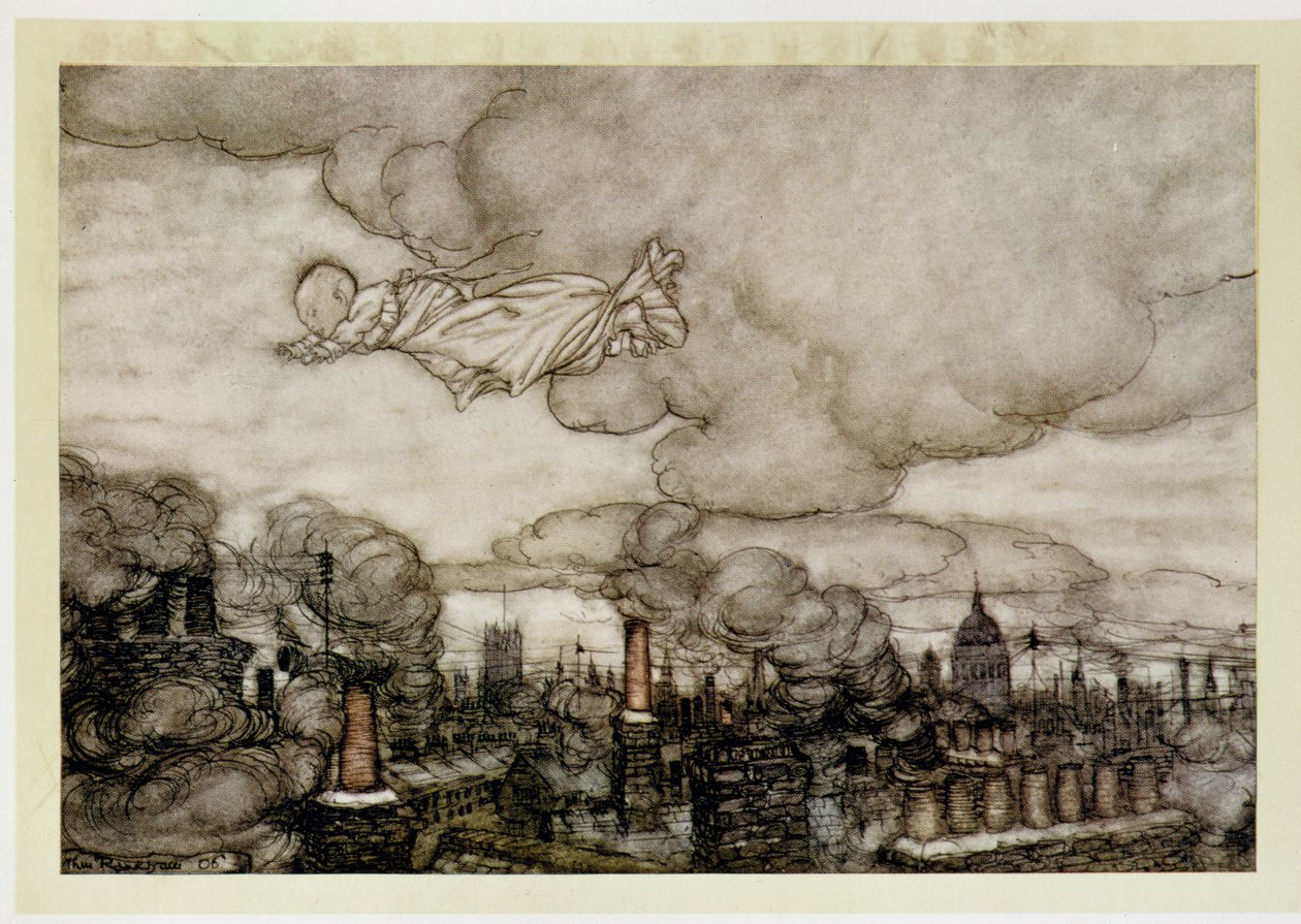 Peter Pan flyr over London, illustrasjon fra 