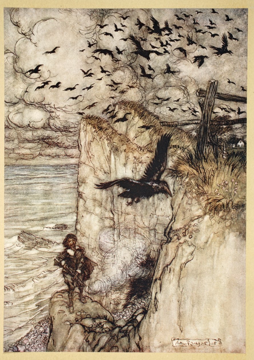 ..Russebelagte choughs, mange av slagsen, Rising and cawing at the gun's report, illustrasjon fra 'Midsummer Nights Dream' av William Shakespeare, 1908 av Arthur Rackham