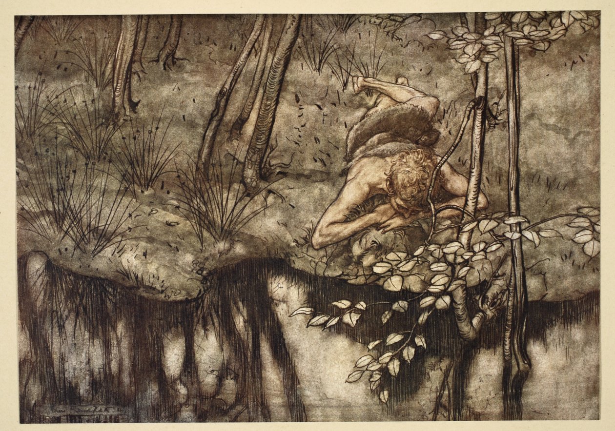 Siegfried ser seg selv i strømmen, illustrasjon fra 'Siegfried and the Twilight of the Gods', 1924 av Arthur Rackham