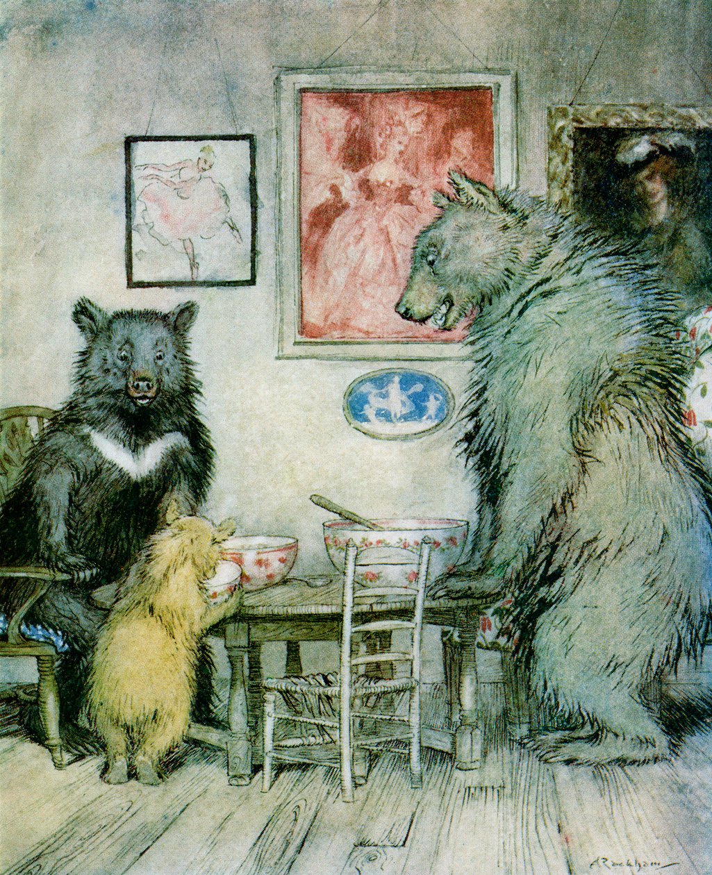 Noen har vært på grøten min og har spist opp alt, fra 'English Fairy Tales Retold' av FA Steel, utgitt 1927 av Arthur Rackham