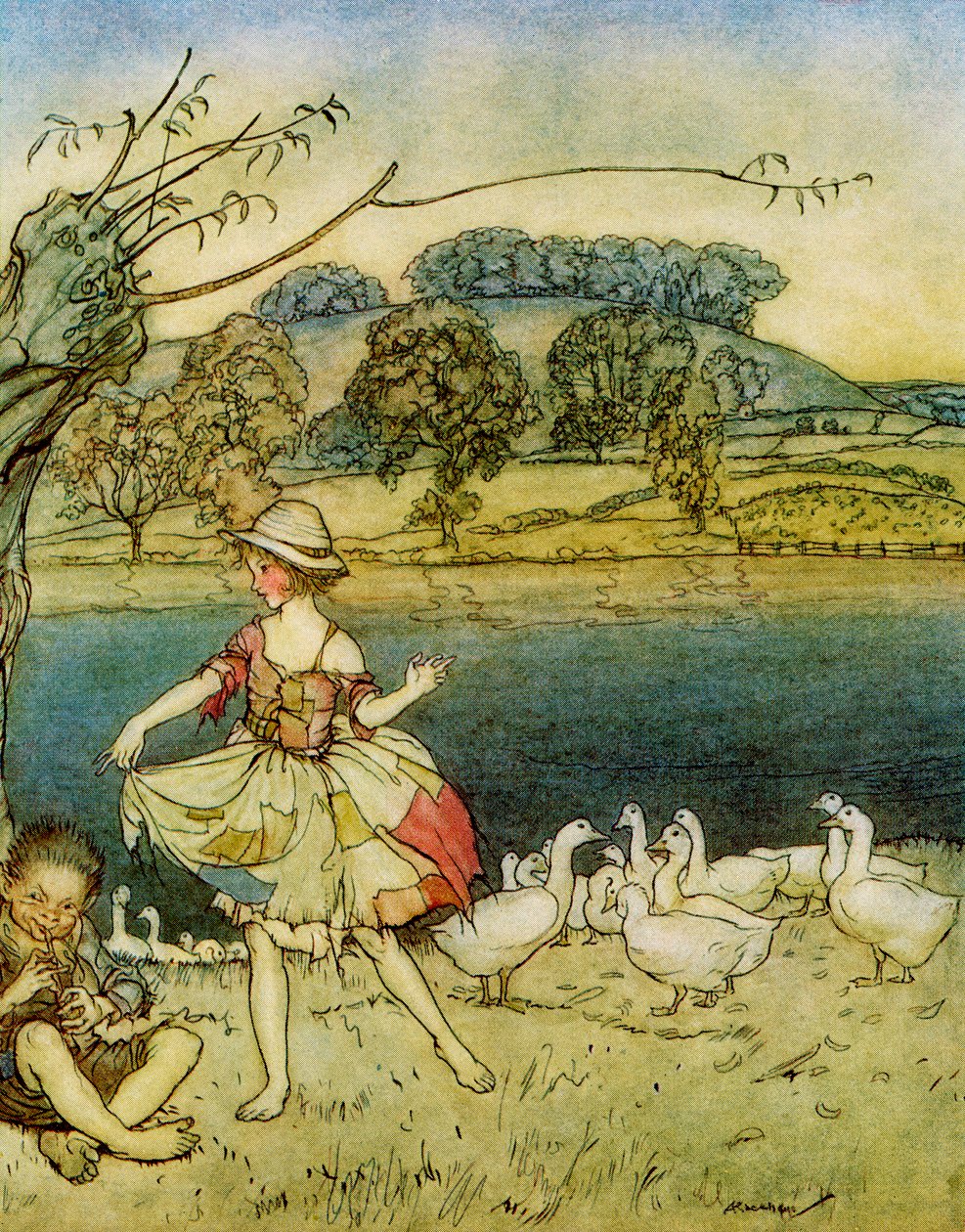 Tattercoats danser mens gåsegjerden piper, fra English Fairy Tales Gjenfortalt av F.A. Steel, 1927 av Arthur Rackham