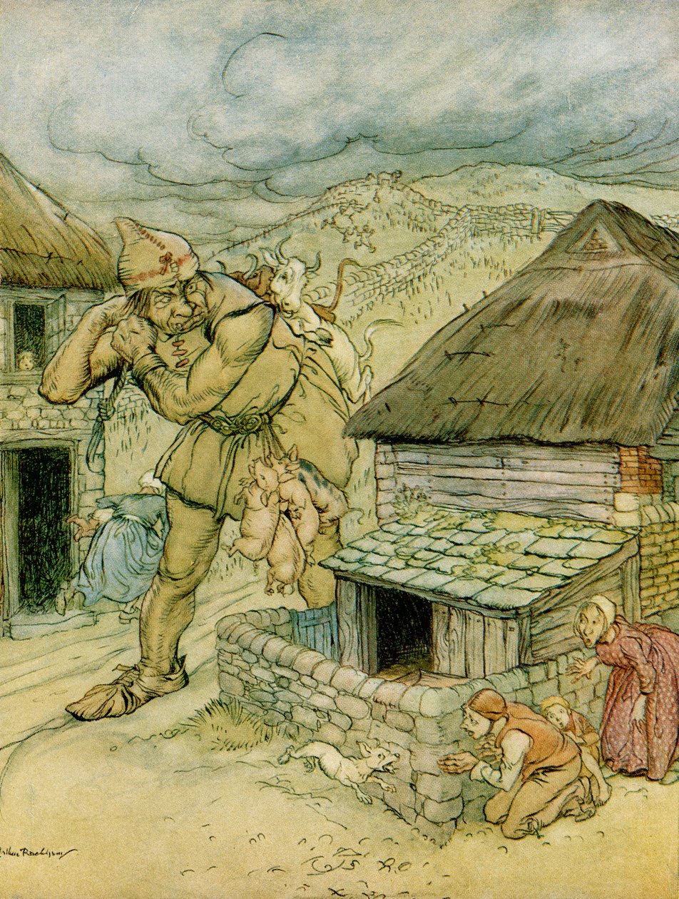 Kjempeskarven var hele landsbygdens terror, illustrasjon til Jack the Giant Killer fra English Fairy Tales Gjenfortalt av F.A. Steel, 1927 av Arthur Rackham