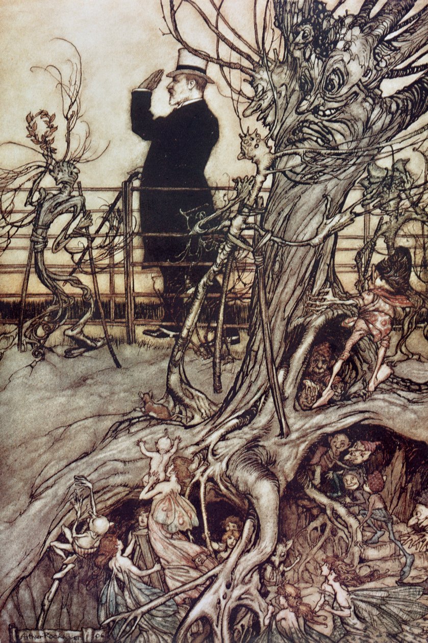 Kensington Gardens er i London, hvor kongen bor fra "Peter Pan in Kensington Gardens" av J.M. Barrie, 1906 av Arthur Rackham