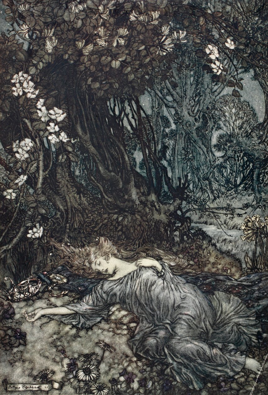 Titania ligger og sover, illustrasjon fra 
