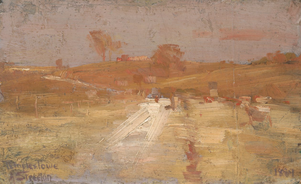 Pastoral i gult og grått- et fargeinntrykk av Templestowe av Arthur Streeton