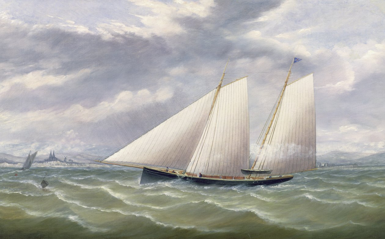 En kutter i sterk vind som flyr en burgee fra Royal Thames Yacht Club av Arthur Wellington Fowles