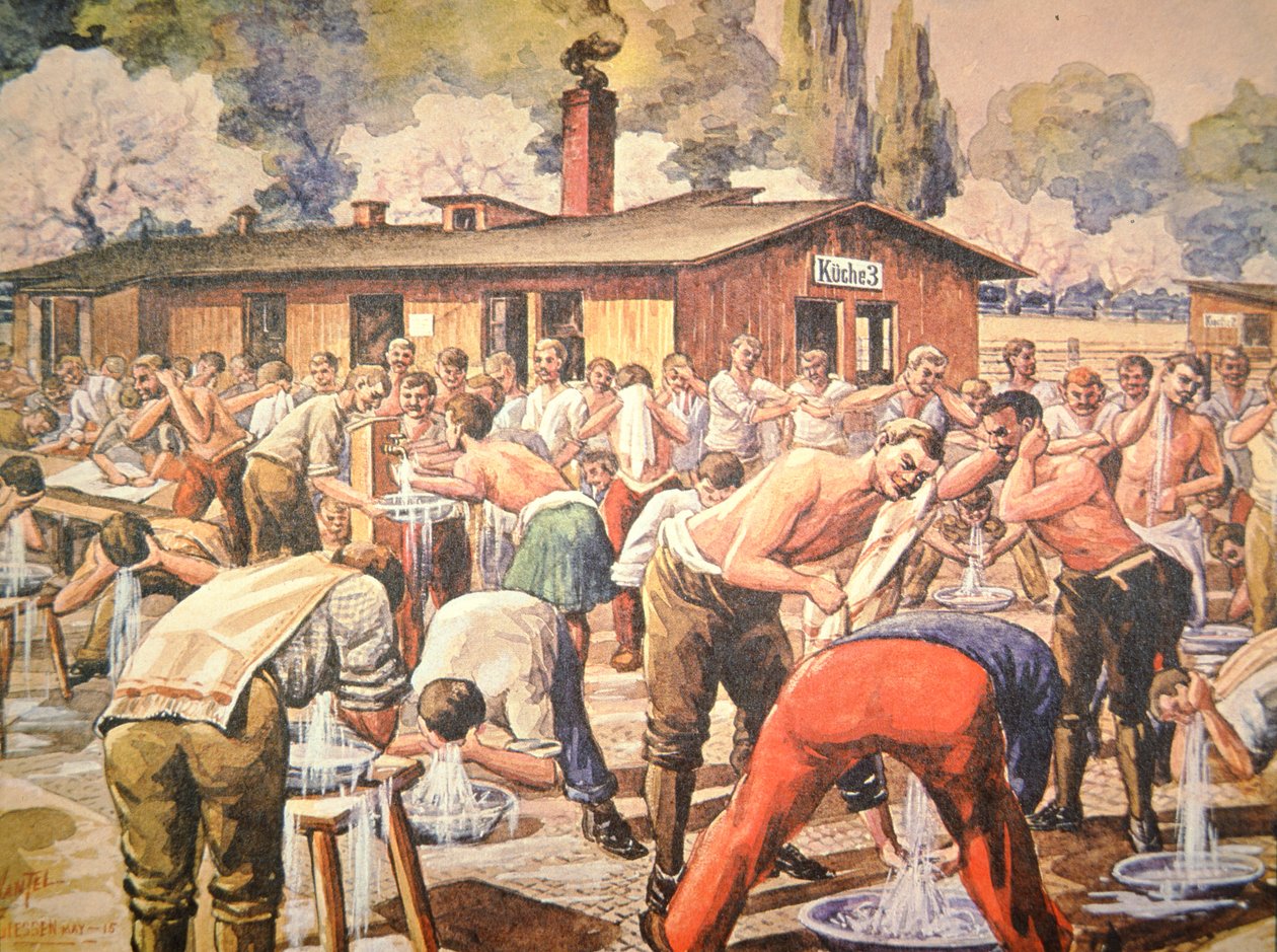 Allierte krigsfanger ved deres avvaskninger i tysk fangeleir ved Geissen (farge litho) av Arthur (after) Nantel
